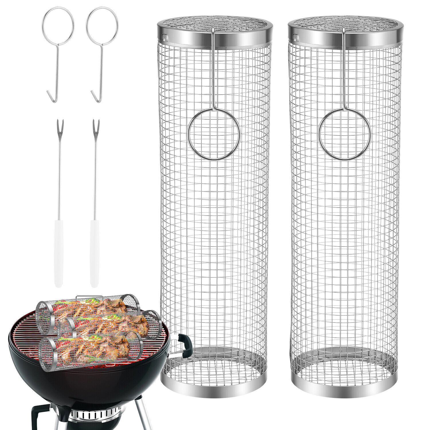 2 Pack Rolling Grilling Basket Stainless Steel For BBQ Grill Outdoor Tools US