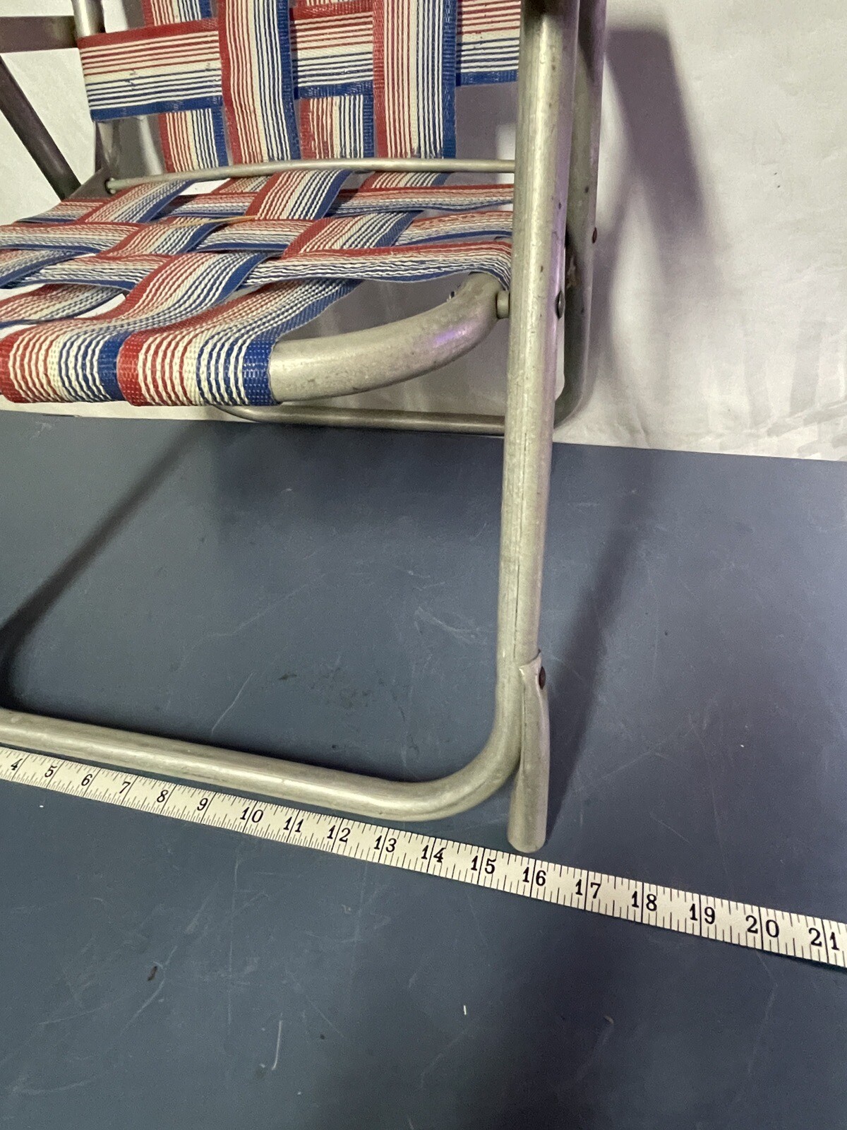 Vintage Gay Branded Child’s Aluminum Webbed Lawn Chair Red White And Blue BR