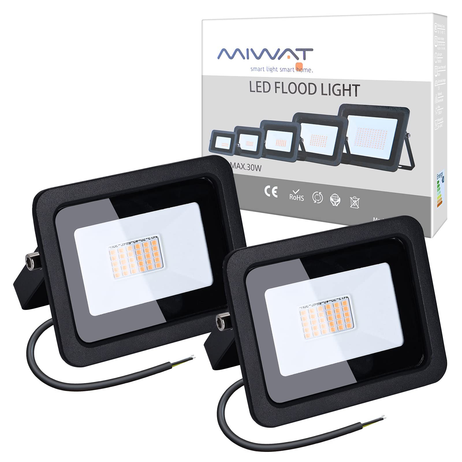 110V 2 Pack 30W LED Flood Light, Warm White 3000K, IP68Waterproof Super Brigh…