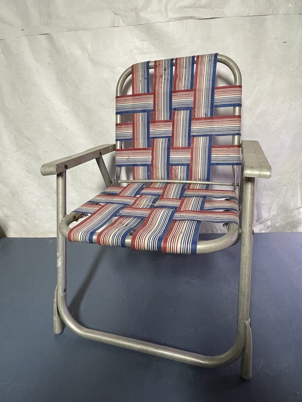 Vintage Gay Branded Child’s Aluminum Webbed Lawn Chair Red White And Blue BR