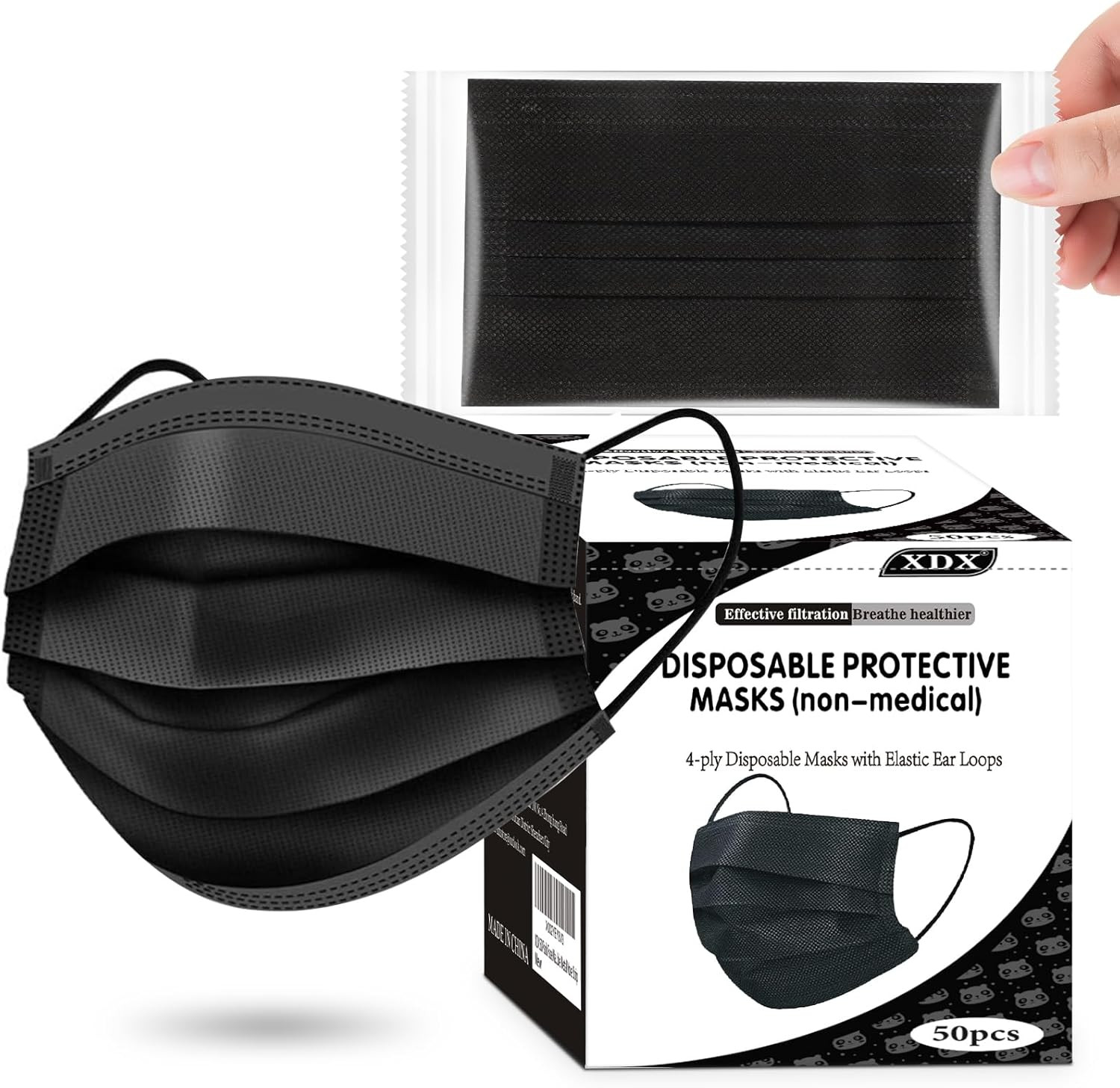 XDX Black Disposable Face Masks, 50 Pack- 4 Layer Individually Wrapped Masks for