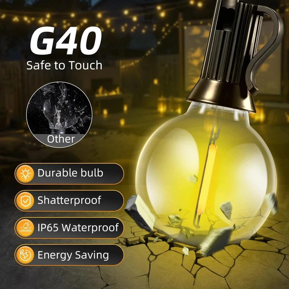 100FT Solar Lights Outdoor Waterproof: G40 30M Shatterproof Bulbs Patio Lights –