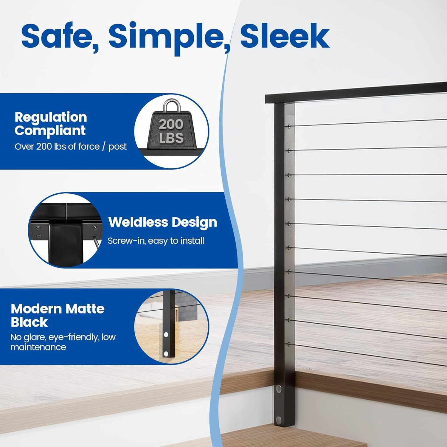 36″ Black Stainless Steel Side Mount Cable Railing Post Kit for Indoor/Outdoor