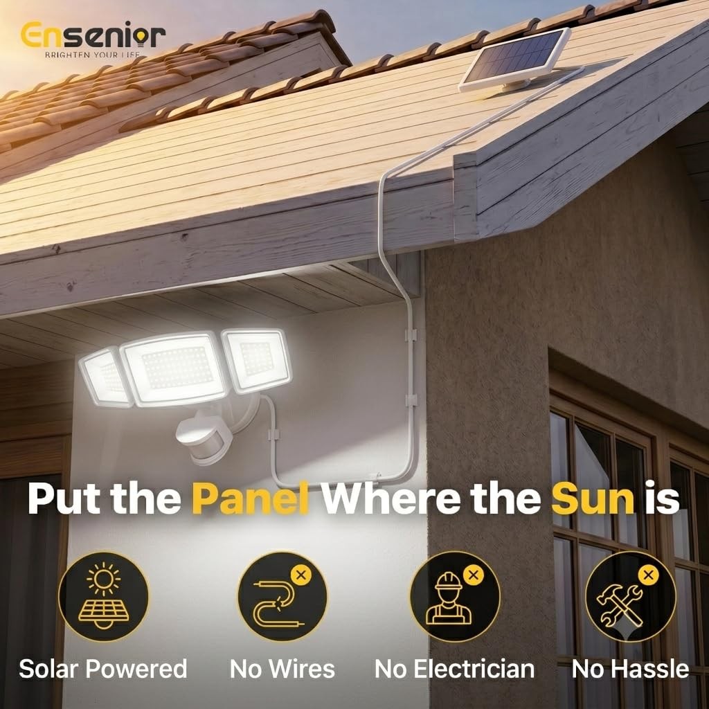 5 Motion Sensor Modes Solar Security Light, 1800LM 270° Wide Angle 3 Heads LE…
