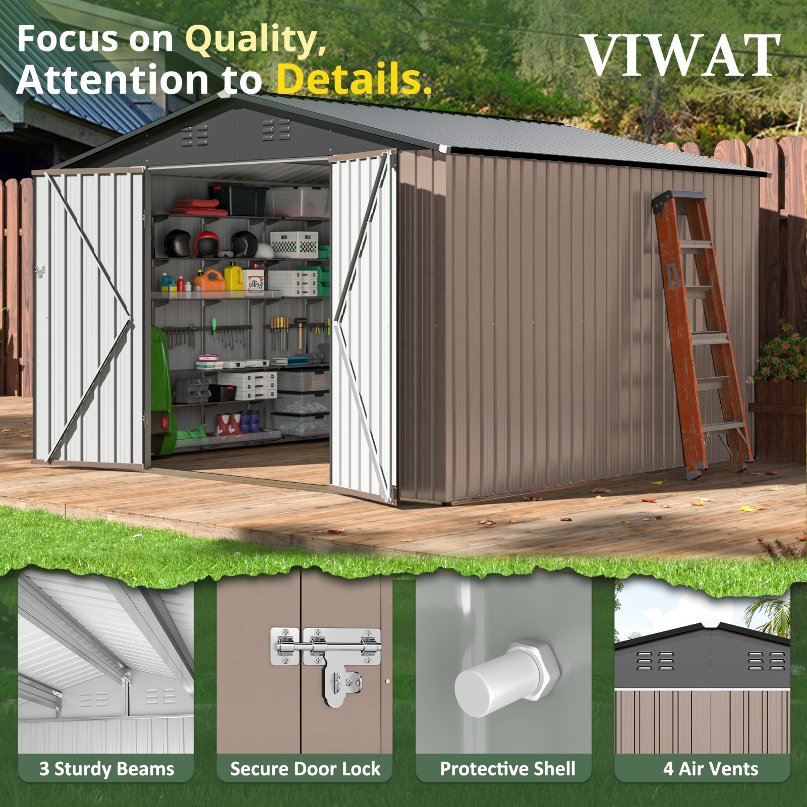 10 x 10 ft Metal Outdoor Storage Shed with Lockable Doors and Vents,Brown
