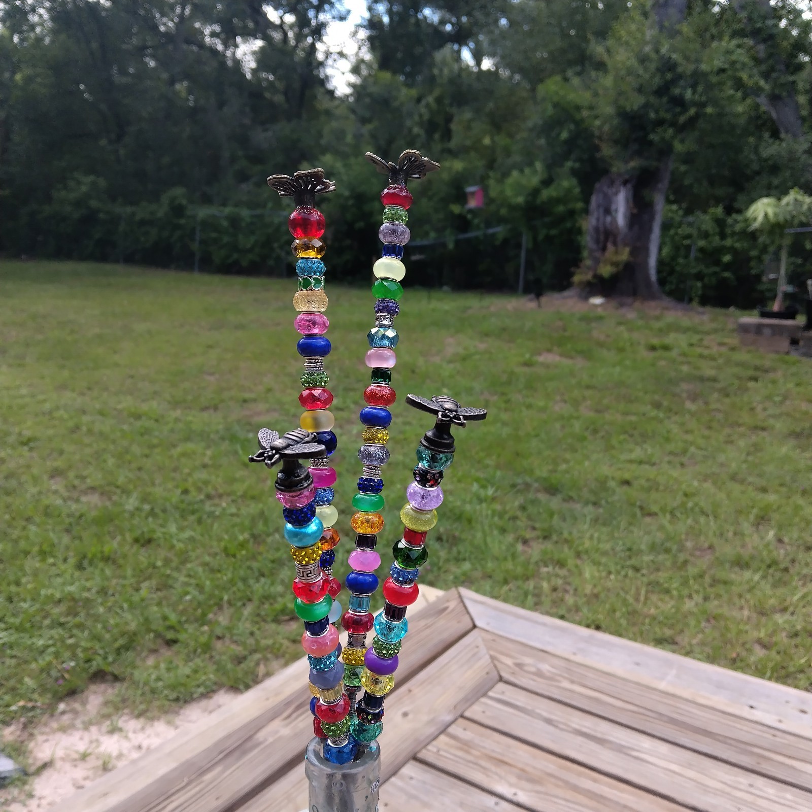 Set/2 Bronze Butterfly Bee Multicolor Beaded Garden Plant Fairy Stakes 12″ & 8″