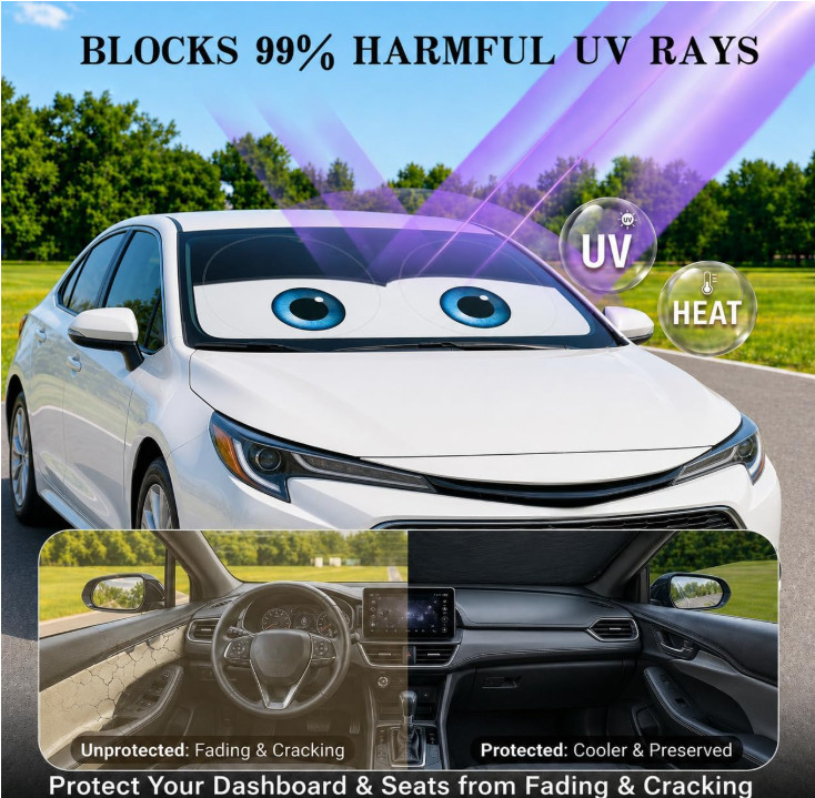 Funny Eyes Car Windshield Sun Shade, 59 x 27.5 Foldable Front Window Sunshade Un