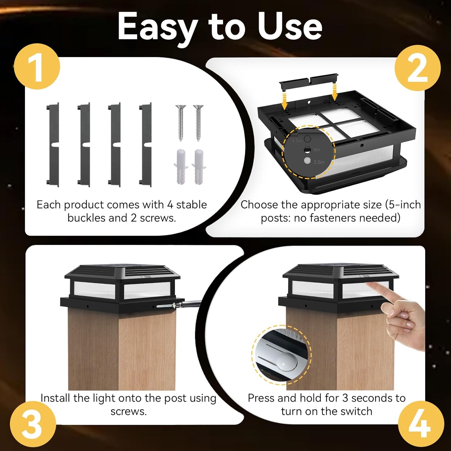 4×4 Solar Post Cap Lights Outdoor w/ Remote RGB 9 Colors Fence Deck Garden Lamp