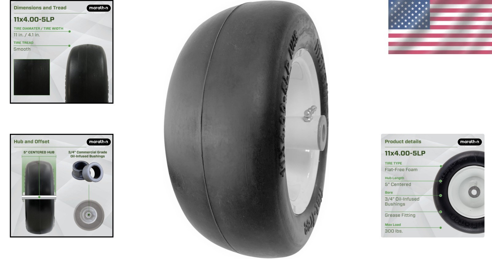 12″ Tall 11×4.00 Flat-Free Lawn Mower Tire with 5″ Centered Hub & 300 lb Load