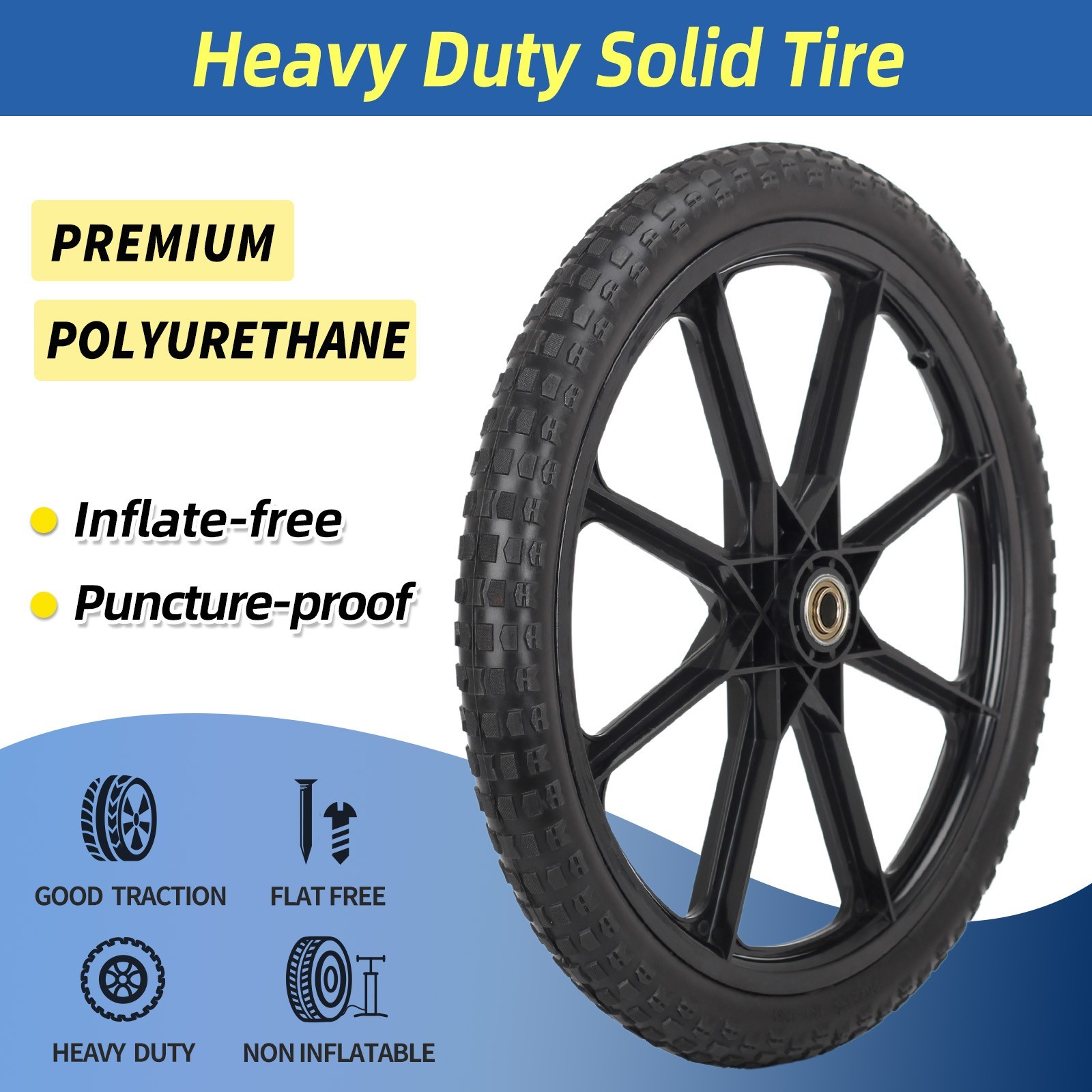 2 Set 20″ Flat Free Tire & Wheel For Rubbermaid Wheelbarrow Garden Yard Cart