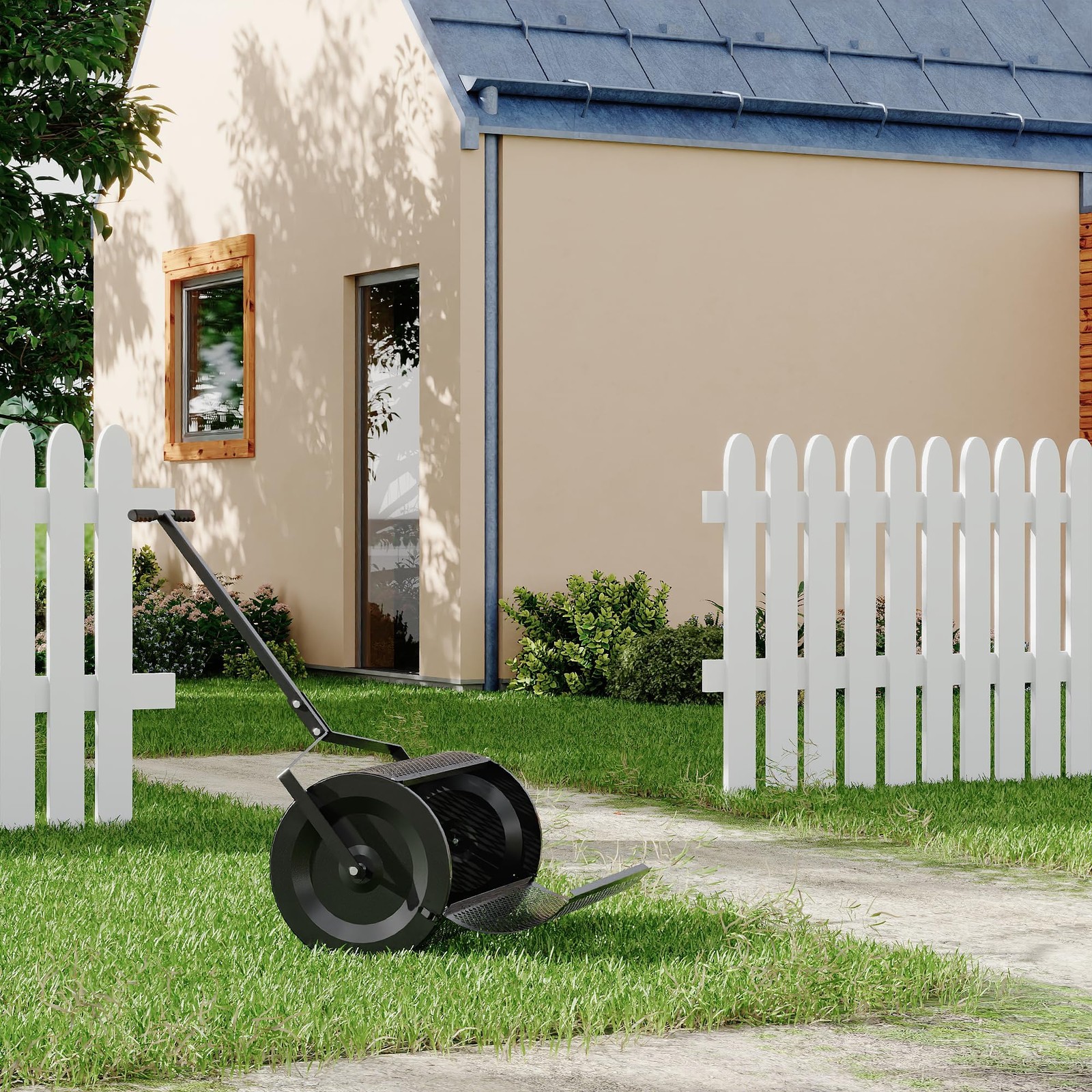 24″ Heavy Duty Compost Spreader ,T-Handle Metal Mesh Roller Lawn Spreader Garden