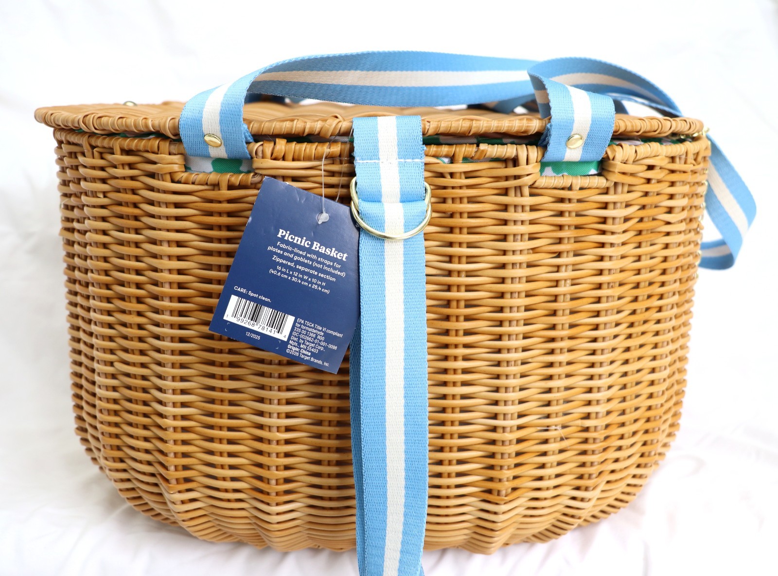 Roller Rabbit x Target Large Blue Green White Woven Picnic Basket Insulated NEW