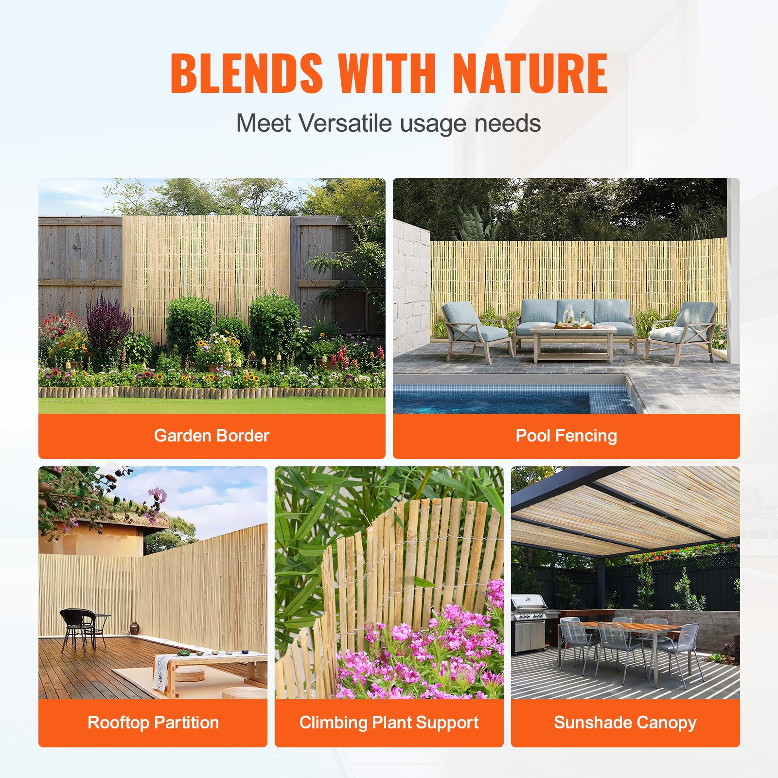 VEVOR Natural Bamboo Slat Screening Privacy Bamboo Slat Fence 6 ft H x 16 ft L