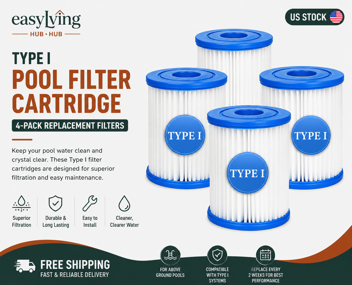 4‑Pack Type I Replacement Pool Filter Cartridge – 3-1/8″ x 3-1/2″ – Fits 300–…