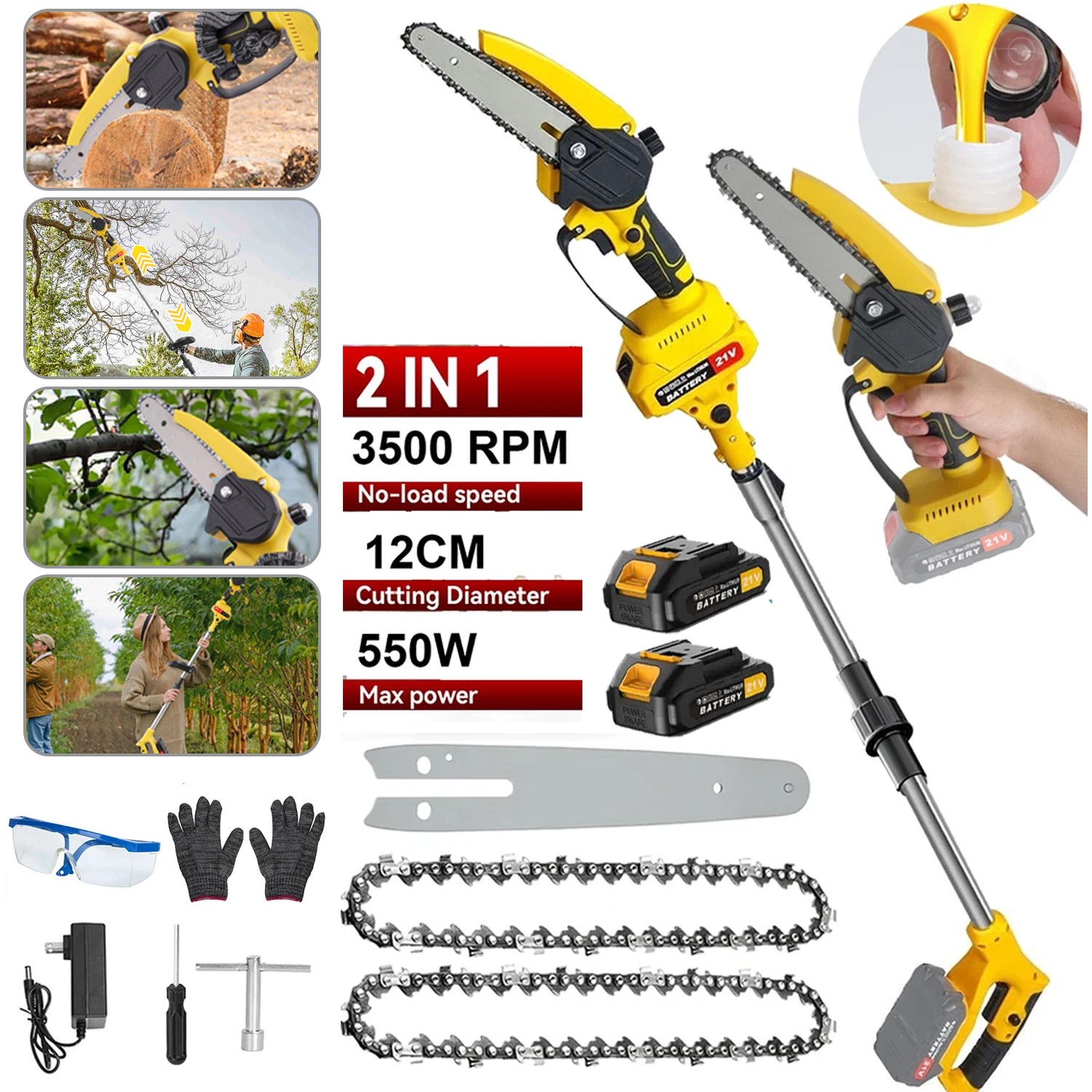2 in1 Cordless Pole Saw Brushless Mini Chainsaw for Tree Trimming w/ 2 Batteries