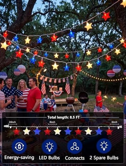 8.5Ft 10 LED Red White and Blue String Lights Plug in, 4th of July Star