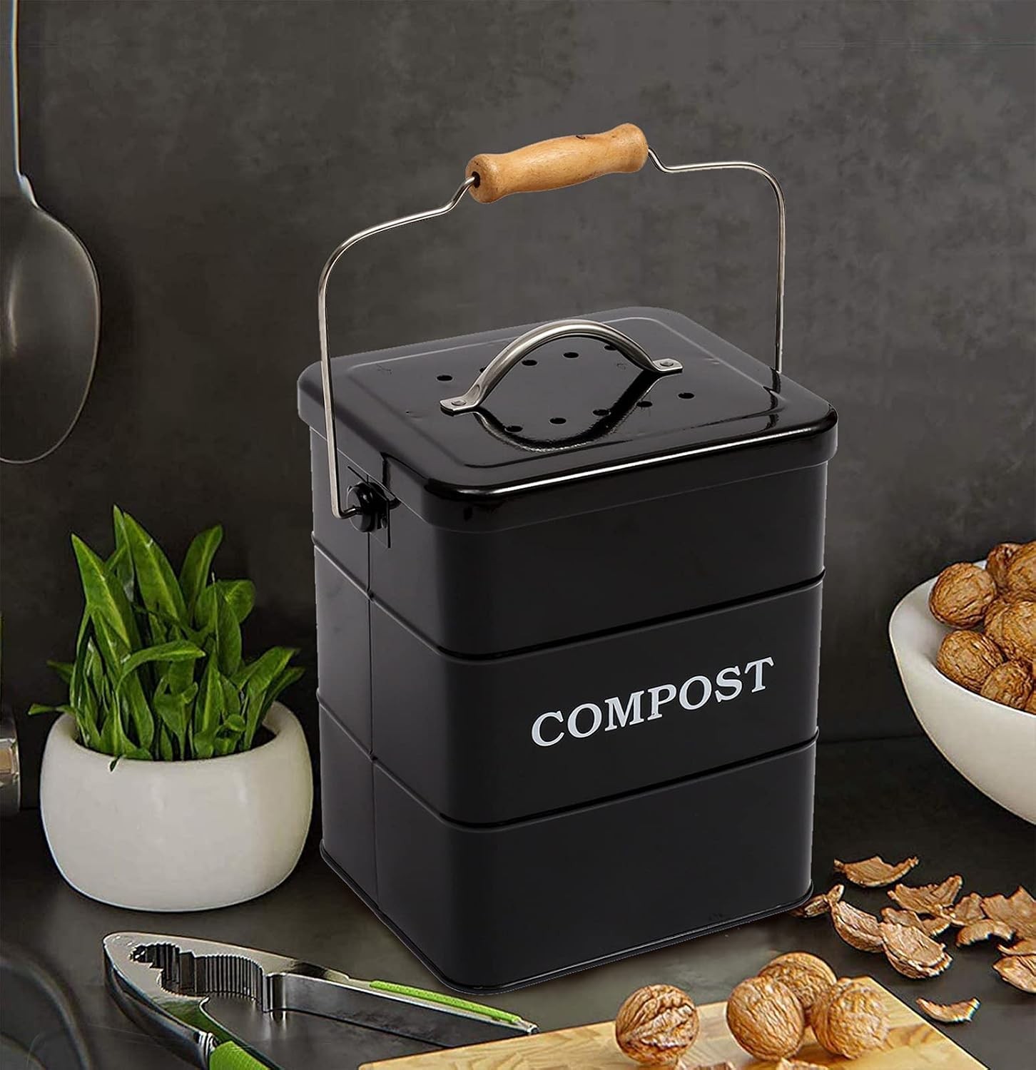 Compost Bin 1 Gallon Kitchen Countertop with Charcoal Filter Black