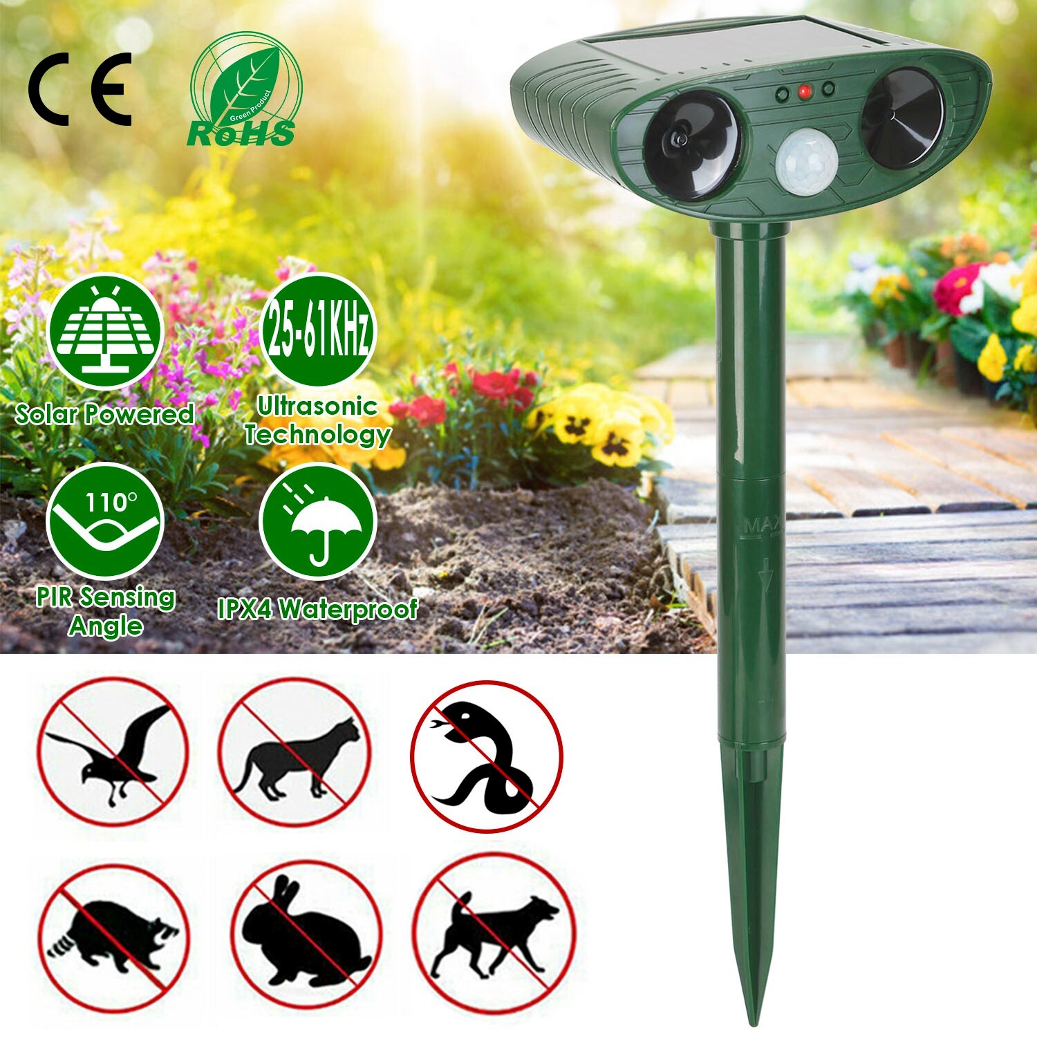 2PCS Solar Ultrasonic Animal Repeller Chaser PIR Sensor Deer Raccoon Chasing