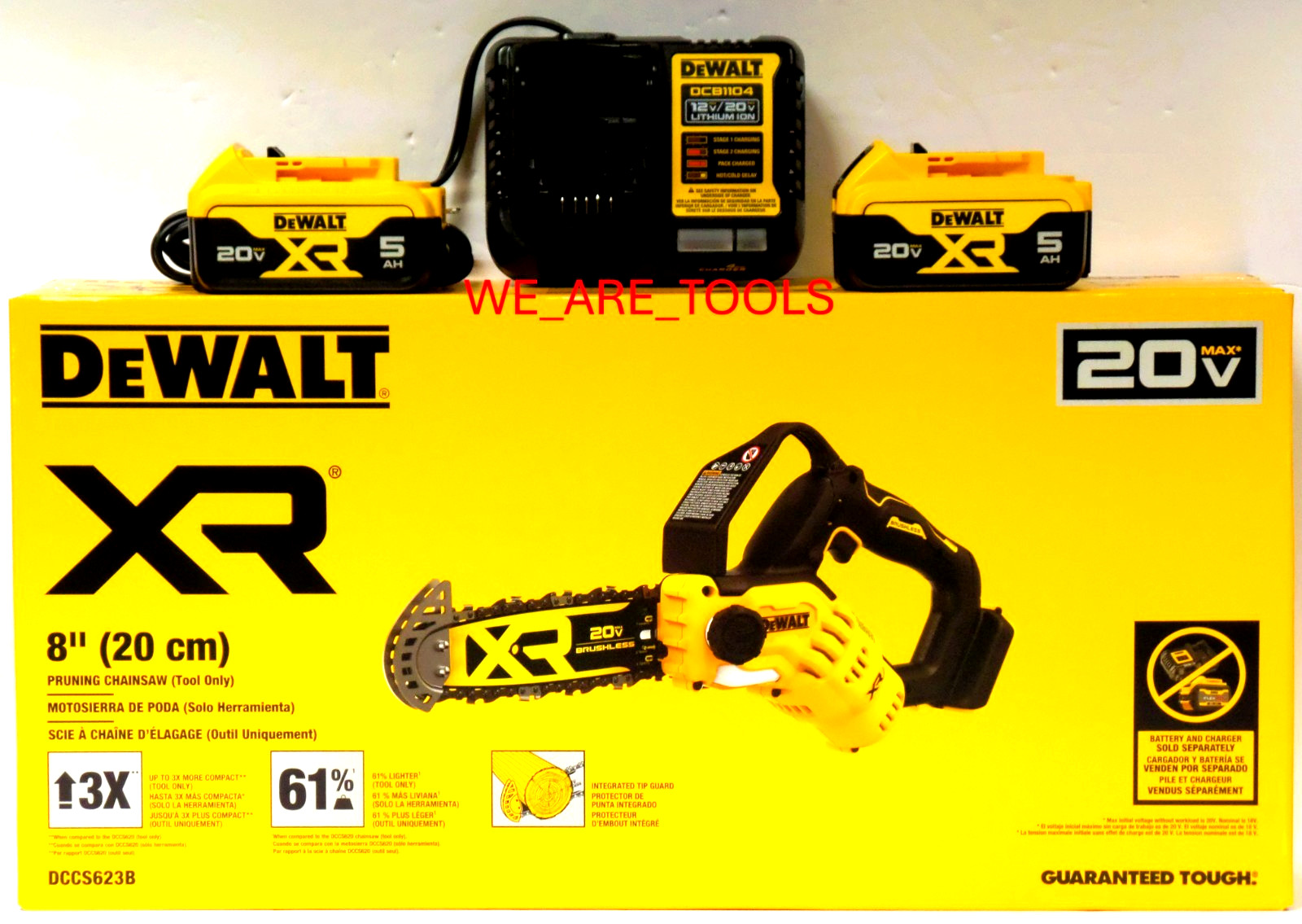 DeWalt Kit DCCS623B 8″ Brushless Pruning Chainsaw, 2) 5.0 Battery, Charger