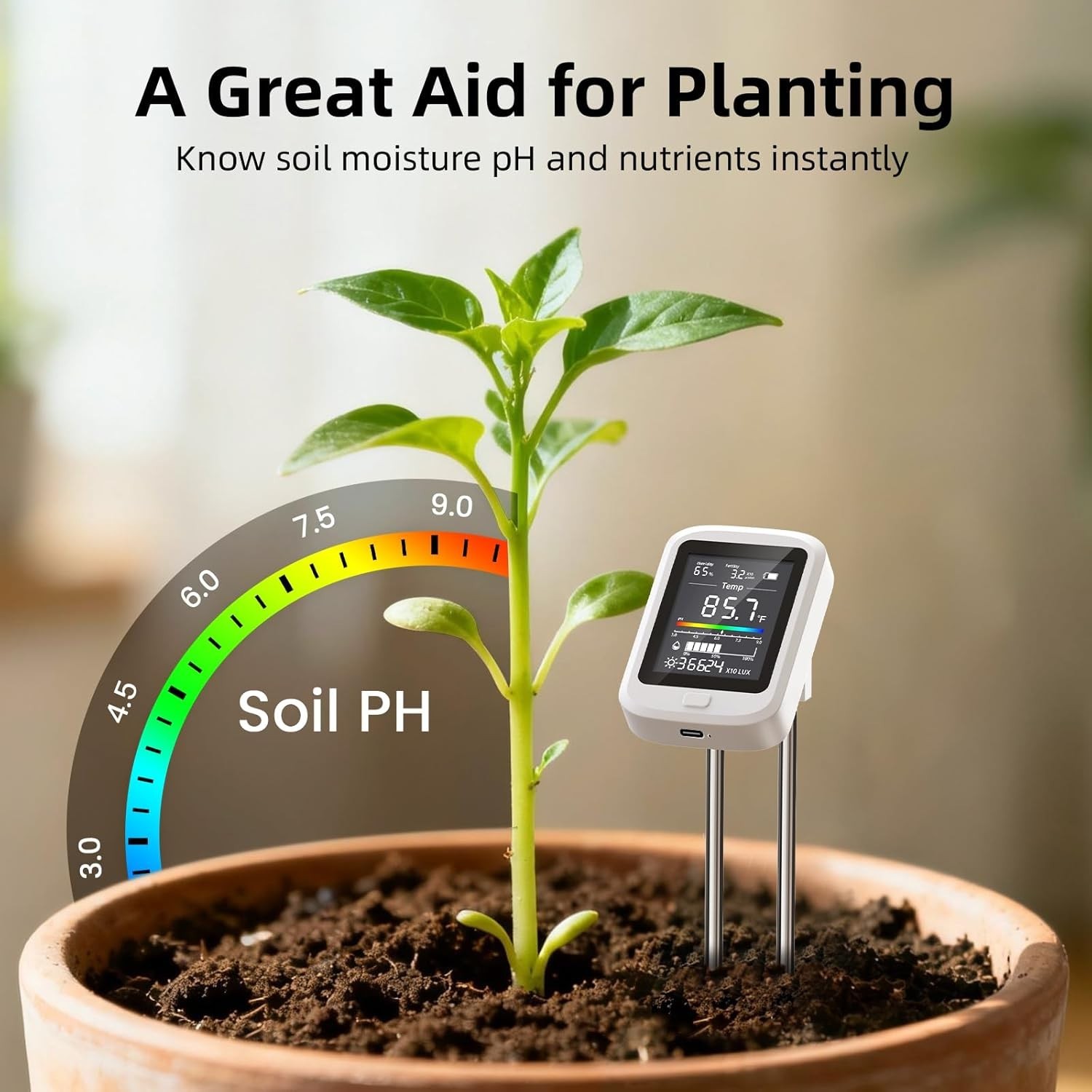 6-in-1 Soil Moisture Meter Digital Soil Tester Kit with pH Temperature Humidity