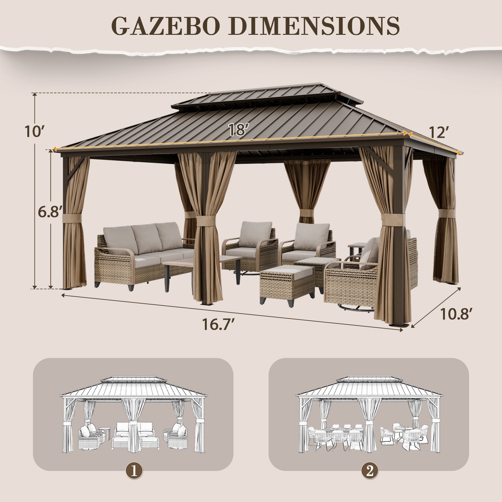 EAGLE PEAK 12×18 Hardtop Gazebo with Netting and Curtains