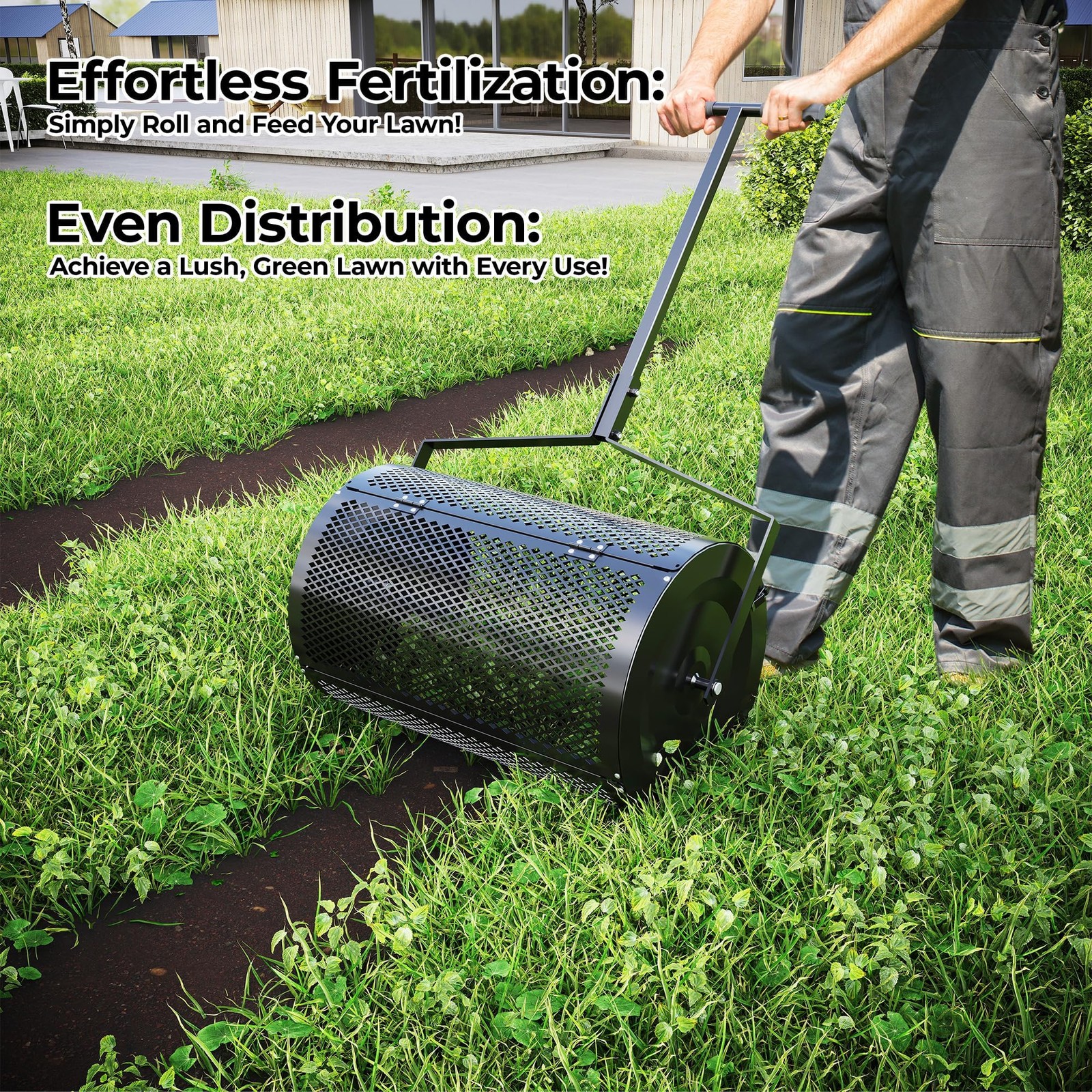 24″ Heavy Duty Compost Spreader ,T-Handle Metal Mesh Roller Lawn Spreader Garden
