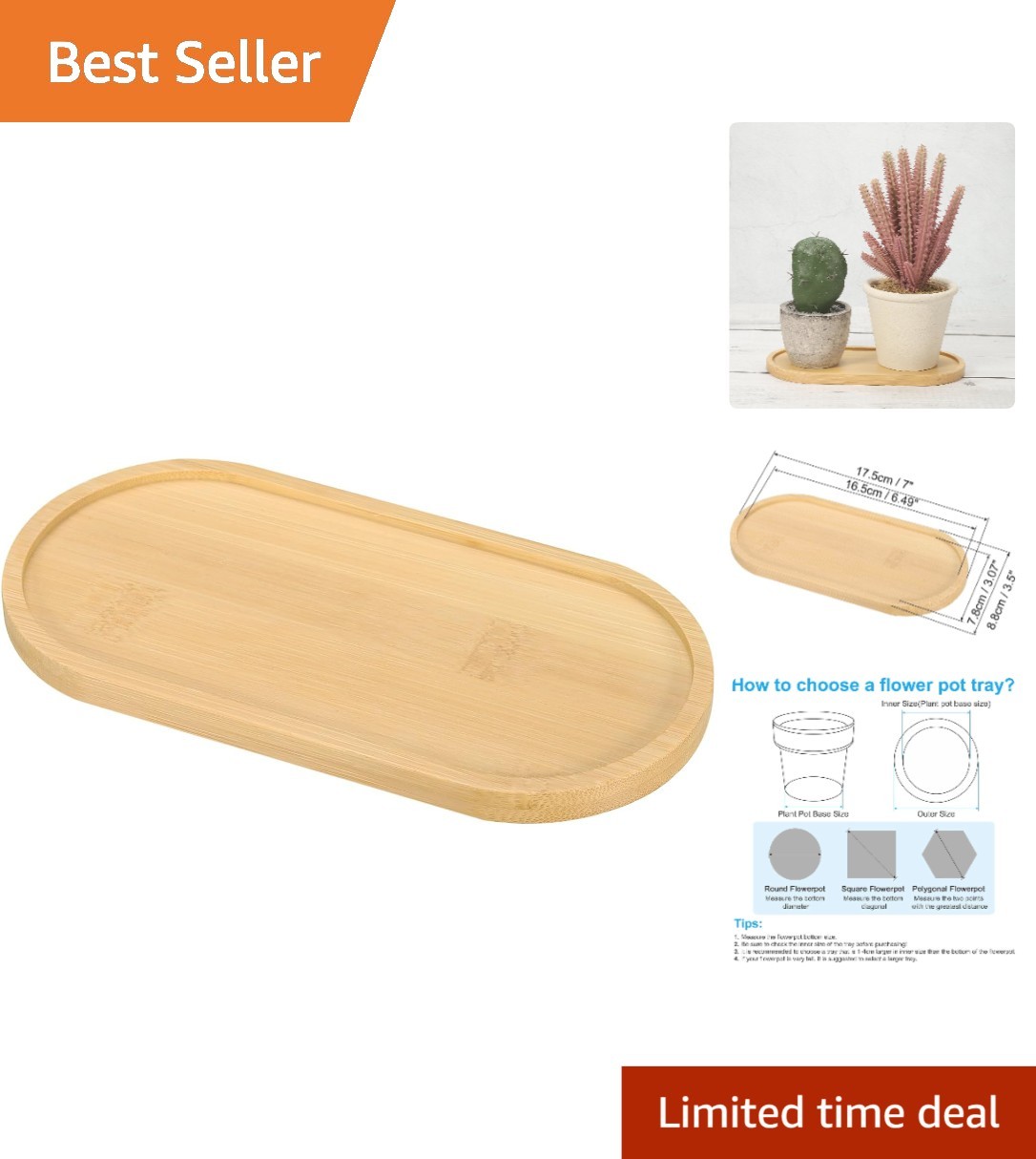 Elegant 7×3.5 Inch Bamboo Wood Saucer – Non-Slip Rectangular Plant Tray