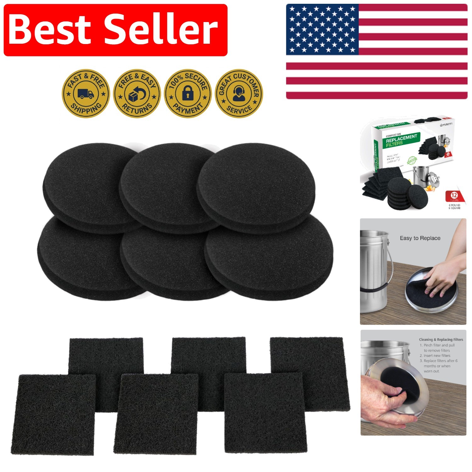 Replacement Charcoal Filters for Compost Bins – 12 Extra Thick Odor Absorbers