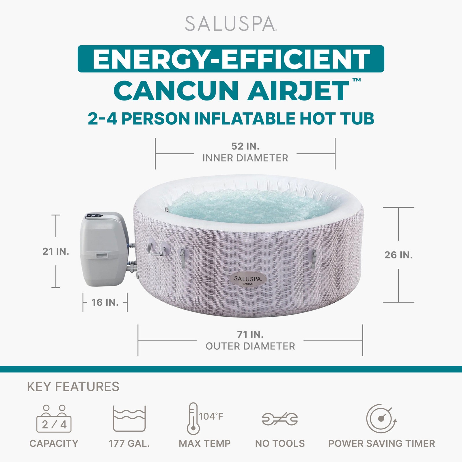 Bestway SaluSpa Cancun 2-4 Person Inflatable Hot Tub, Round Energy-Efficient Spa