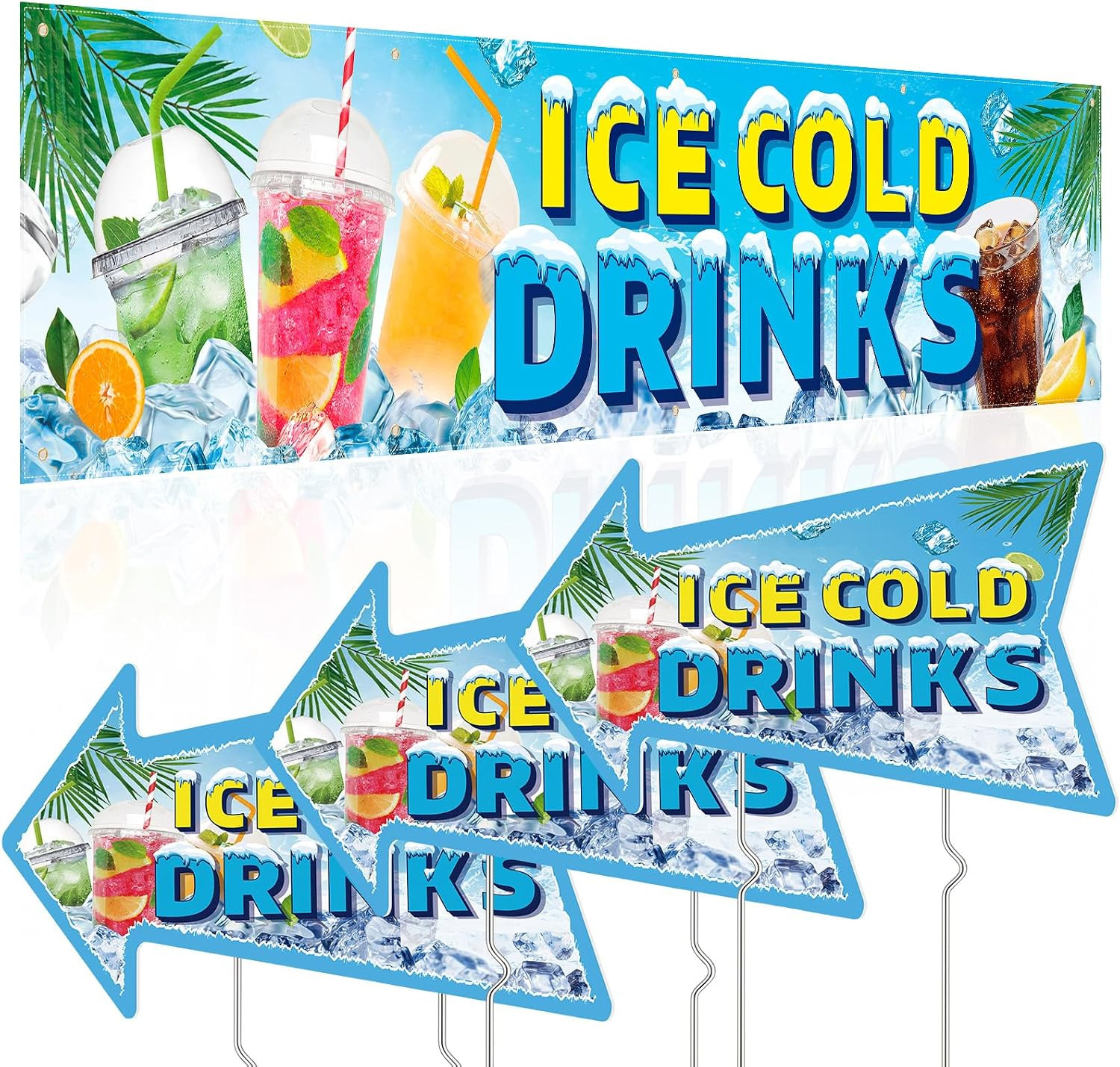 4 Pack Ice Cold Drinks Banner Stand Supplies 1Pcs 2X10 Ft Banner and 3 Pcs Ice C