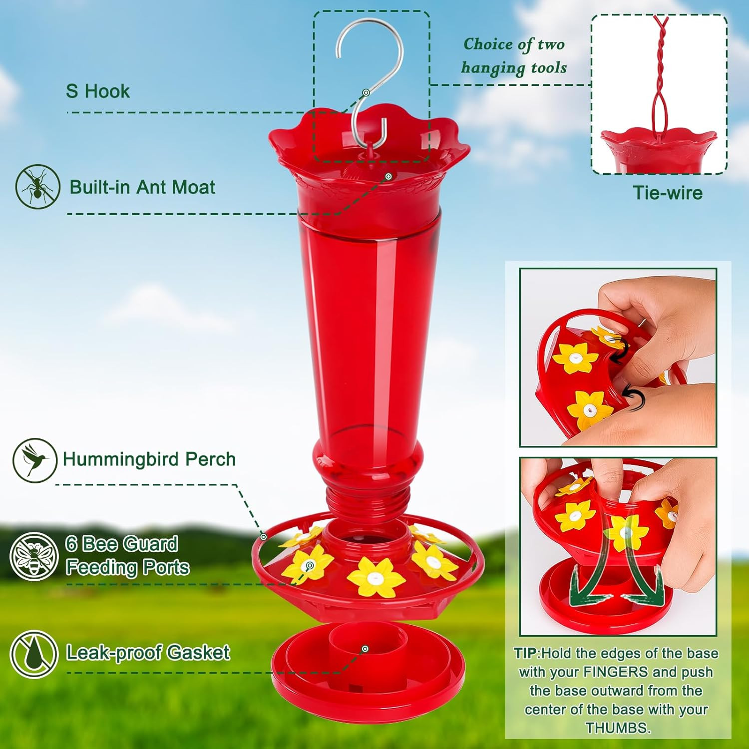 10 OZ Glass Hummingbird Feeders for Outdoors Hanging – Red 2 Pack, Ant & Bee Pro