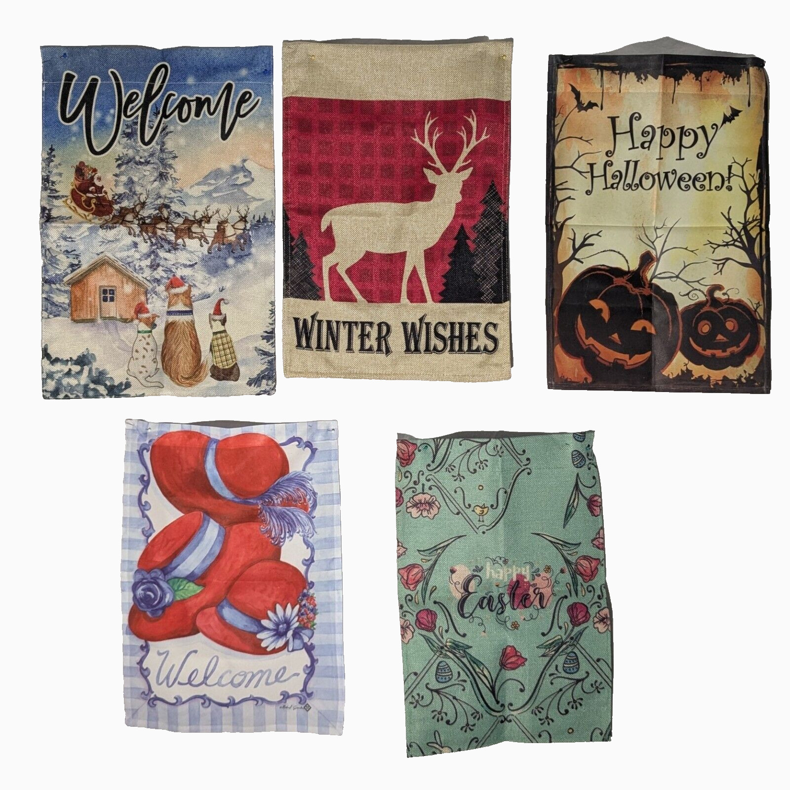 Holiday Garden Flag Lot of 5, 11″ x 17″ Spring Flowers, Summer Winter & Fall Art