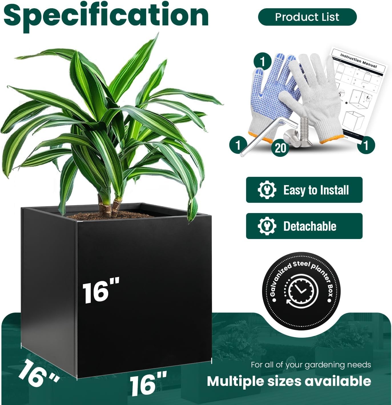 16-inch Black Galvanized Steel Planter Box Metal Planters for Garden Yard Porch