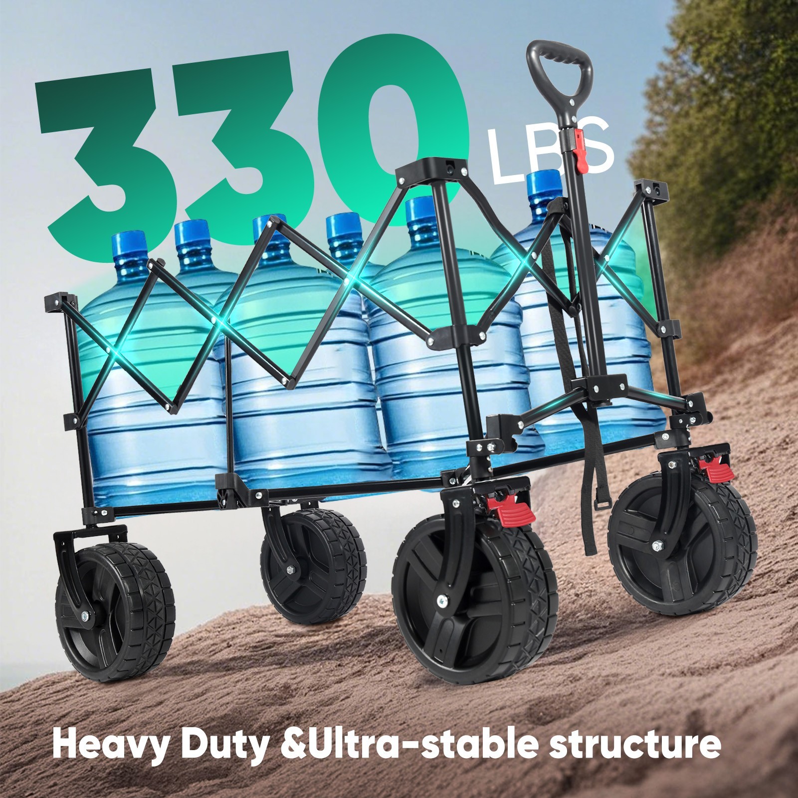 Black Collapsible Wagon: All-terrain wheels, cup holders, multi-use.