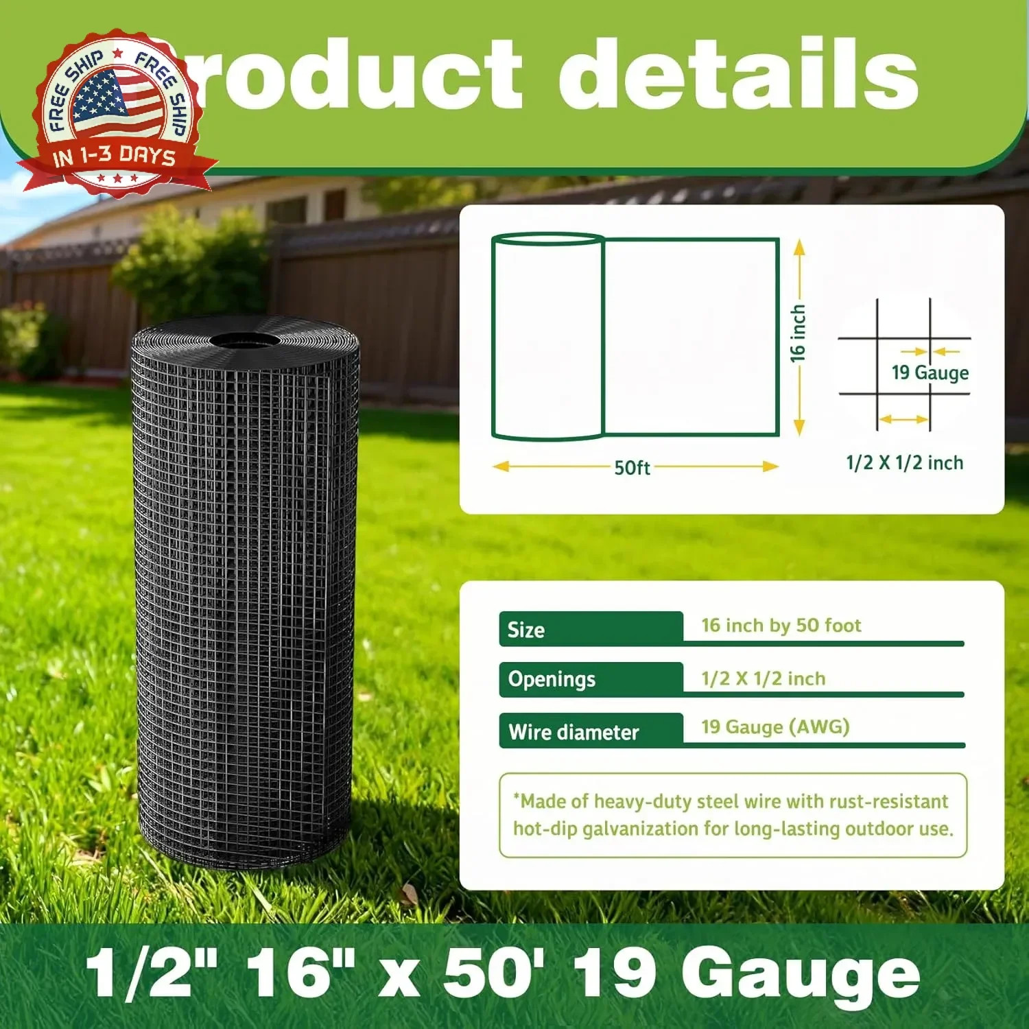 16″ x 50′ Black Hardware Cloth – 1/2inch 19 Gauge Chicken Wire Hot Dipped Galvan