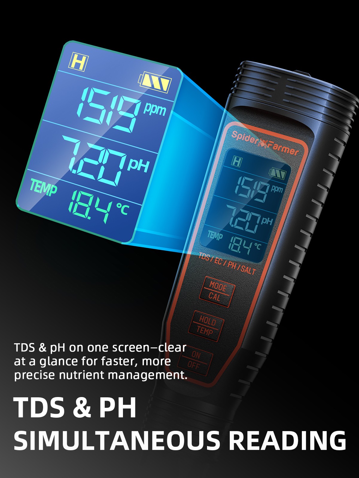 Spider Farmer 5-in-1 TDS/PH Hydroponic Meter Kit with a high-sensitivity sensor
