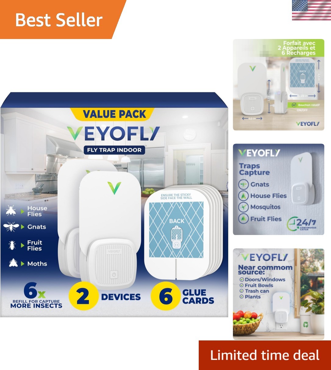 Fly Trap Indoor, Fruit Fly Traps for Indoors Flying Insect 2 Device + 6 Refil…