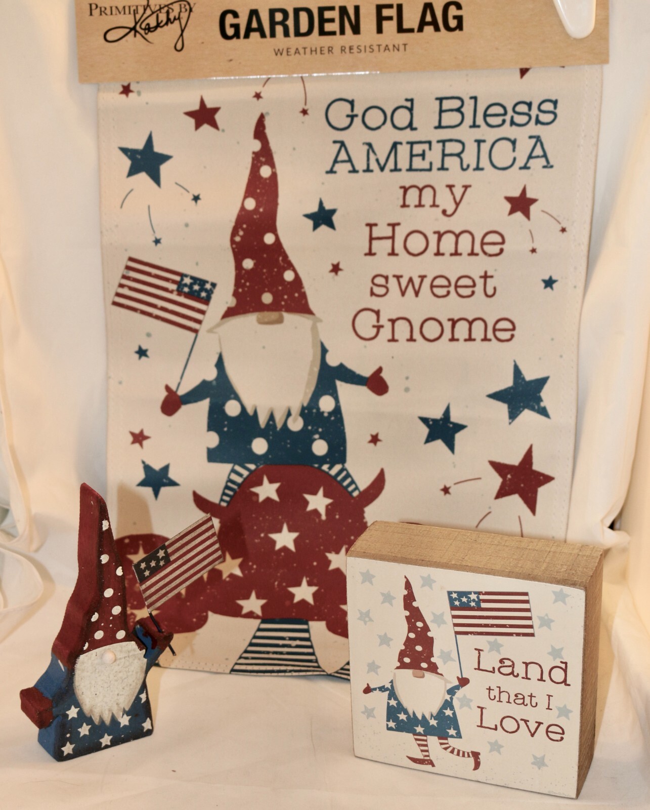 Primitives by Kathy Patriotic Gnome Lot 3 July 4th Flag Sign Sitter Home Decor