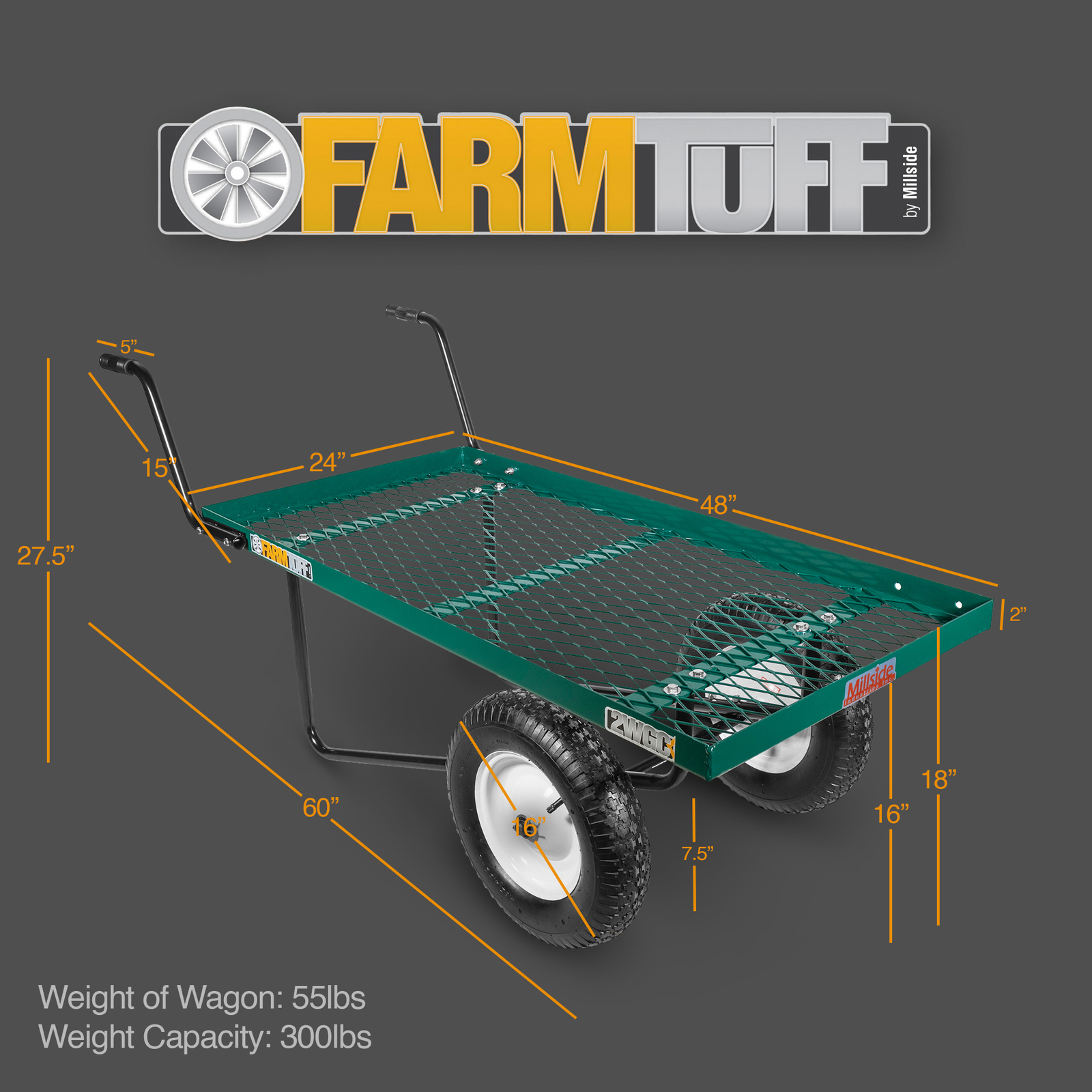 Farm Tuff Two Wheel Metal Push Cart with Pneumatic Tires, Green, 24″ x 48″