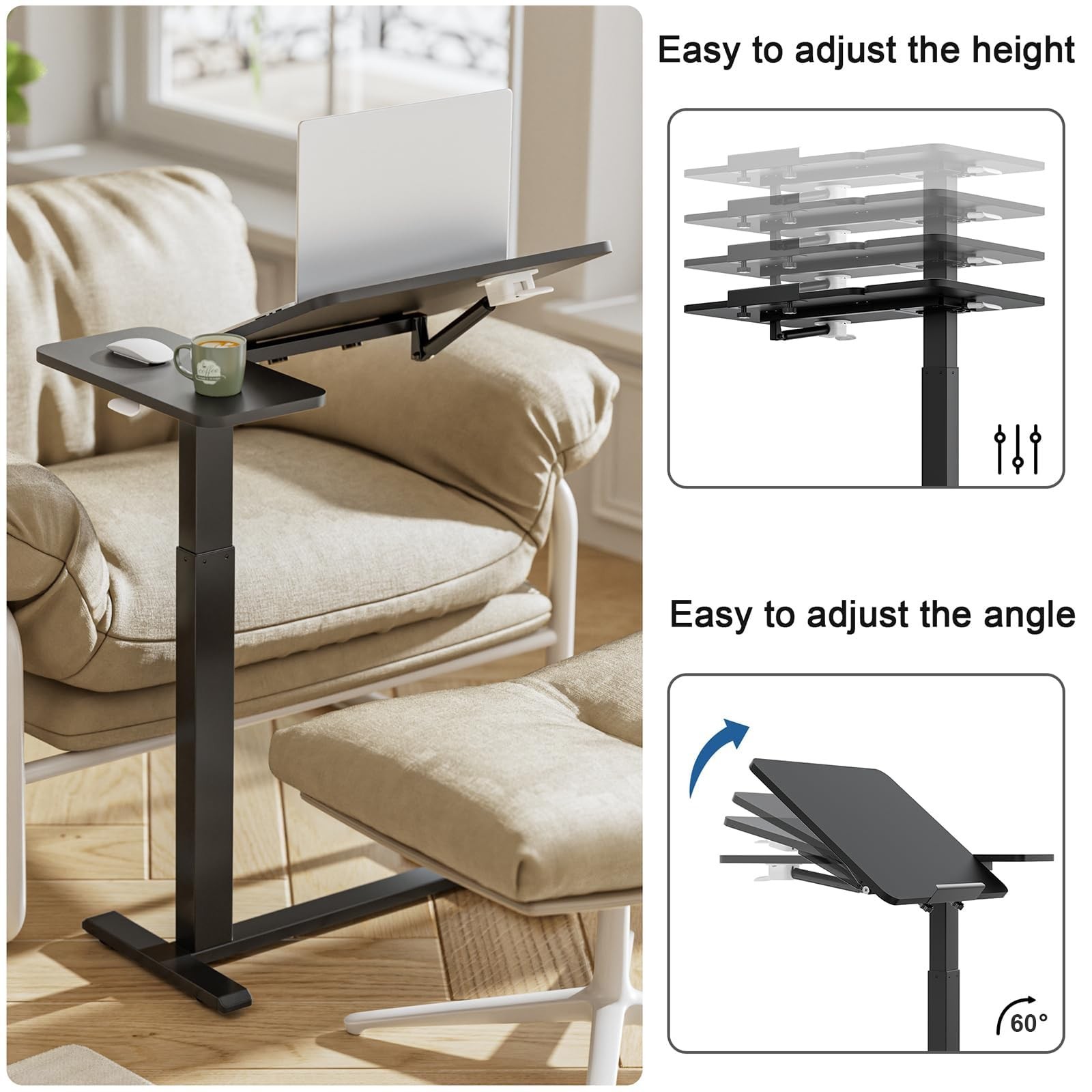 Ywin Medical Overbed Table Wheels, Lift 27-43in, Black Hospital Bed Table