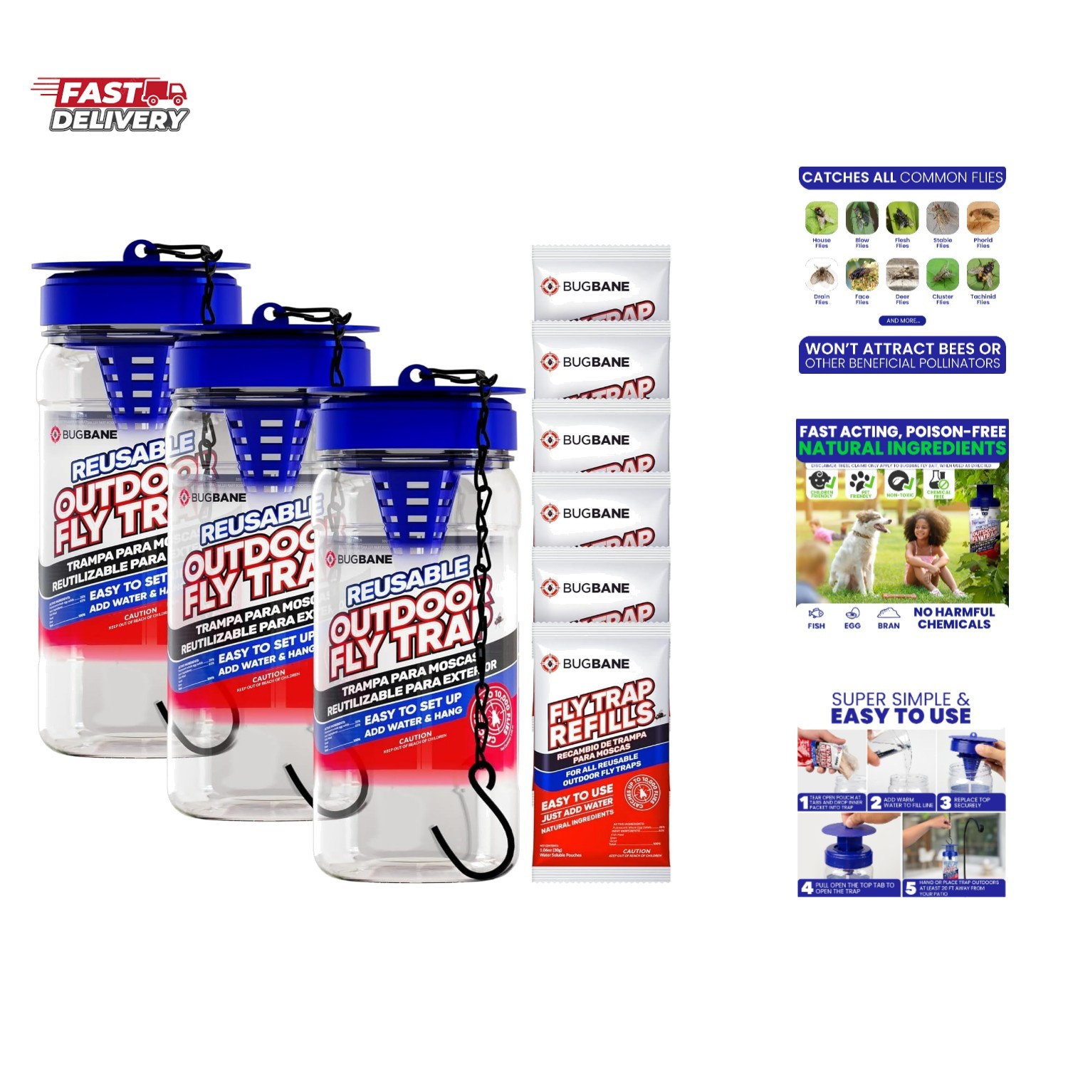 3 Fly Traps Outdoor Fly Trap for Patio with 6 Non-Toxic Dissolvable Bait Refi…