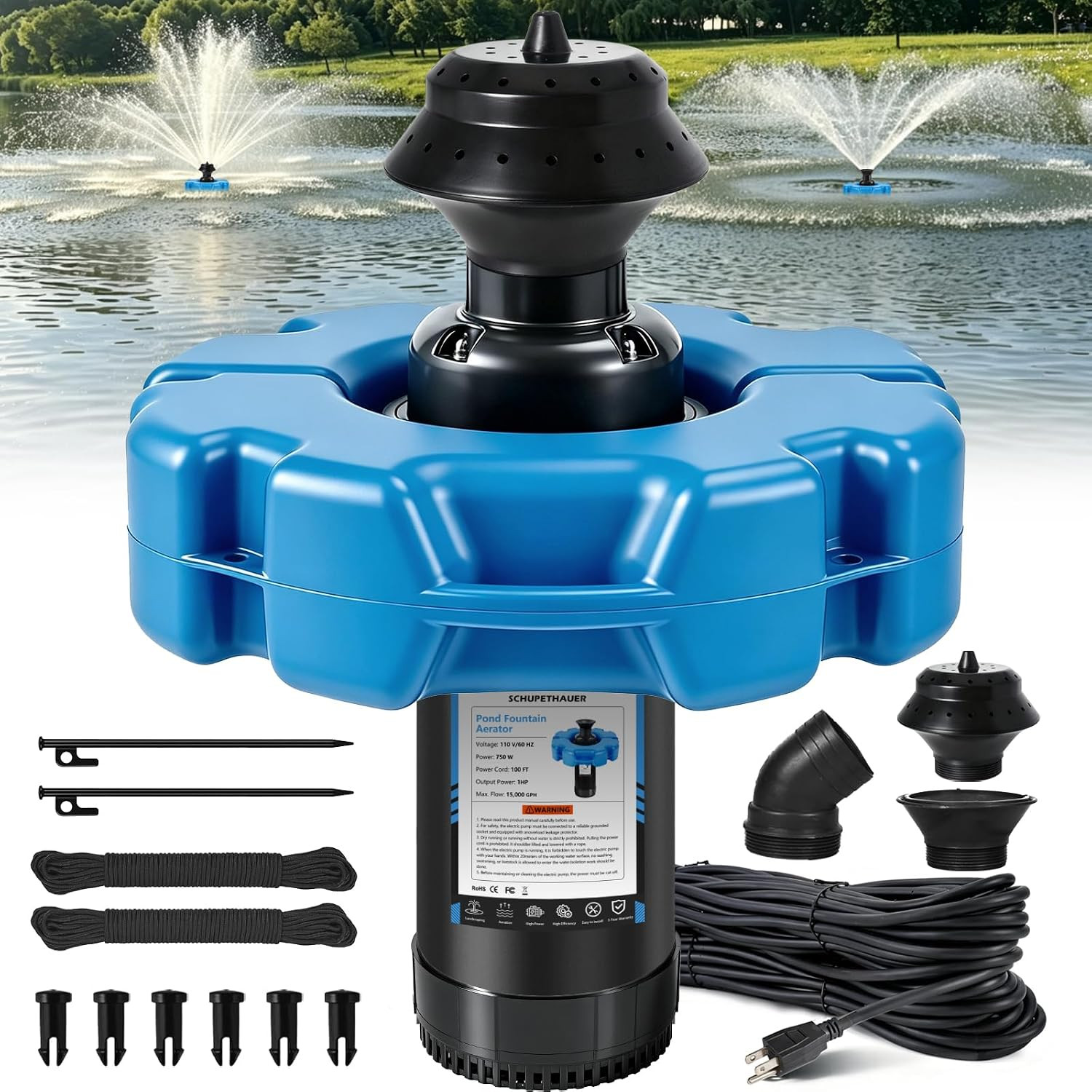 Pond Fountain Aerator, 1HP 110V 750W 15000 GPH Fountain Pump with 2 Distinct Wat