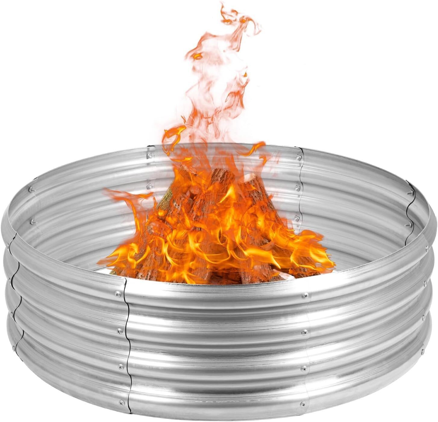 36″ Silver Round Galvanized Steel Fire Ring Pit for Backyard, Camping, Bonfire