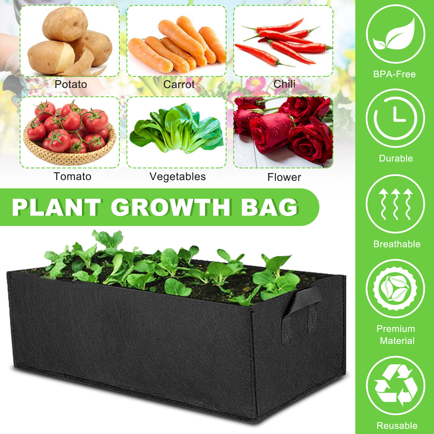 1-3Pack Plant Grow Bags Fabric Pot Nursery Soil Bag w/Handles Thickened Nonwoven