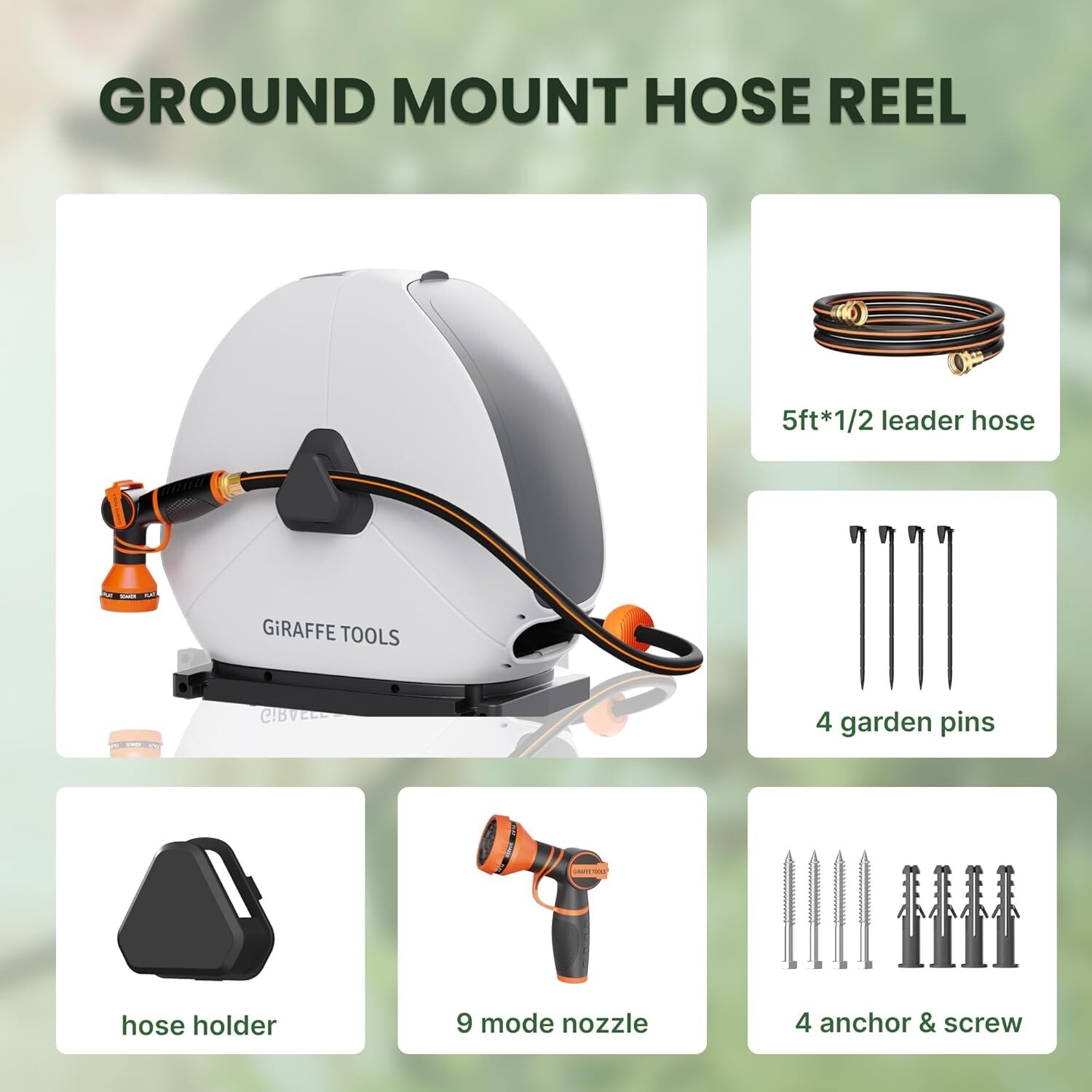 Giraffe Tools Retractable Garden Hose Reel 5/8 Inch x 92FT Watering Ground Mount
