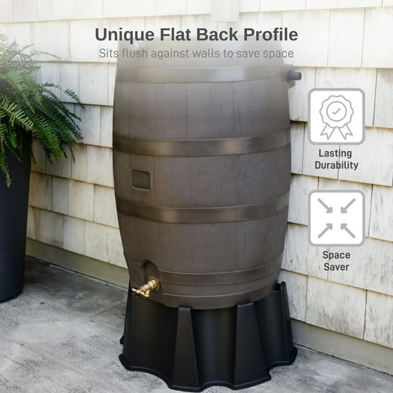 Polyethylene 50 Gallon Flat Back Brass Spigot Rain Barrel, Eco-Friendly, Walnut