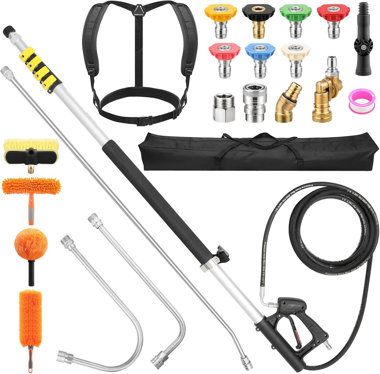 24 Ft Telescoping Pressure Washer Wand Kit, 4000 Psi | 4 Brush Heads, 3 Curved W
