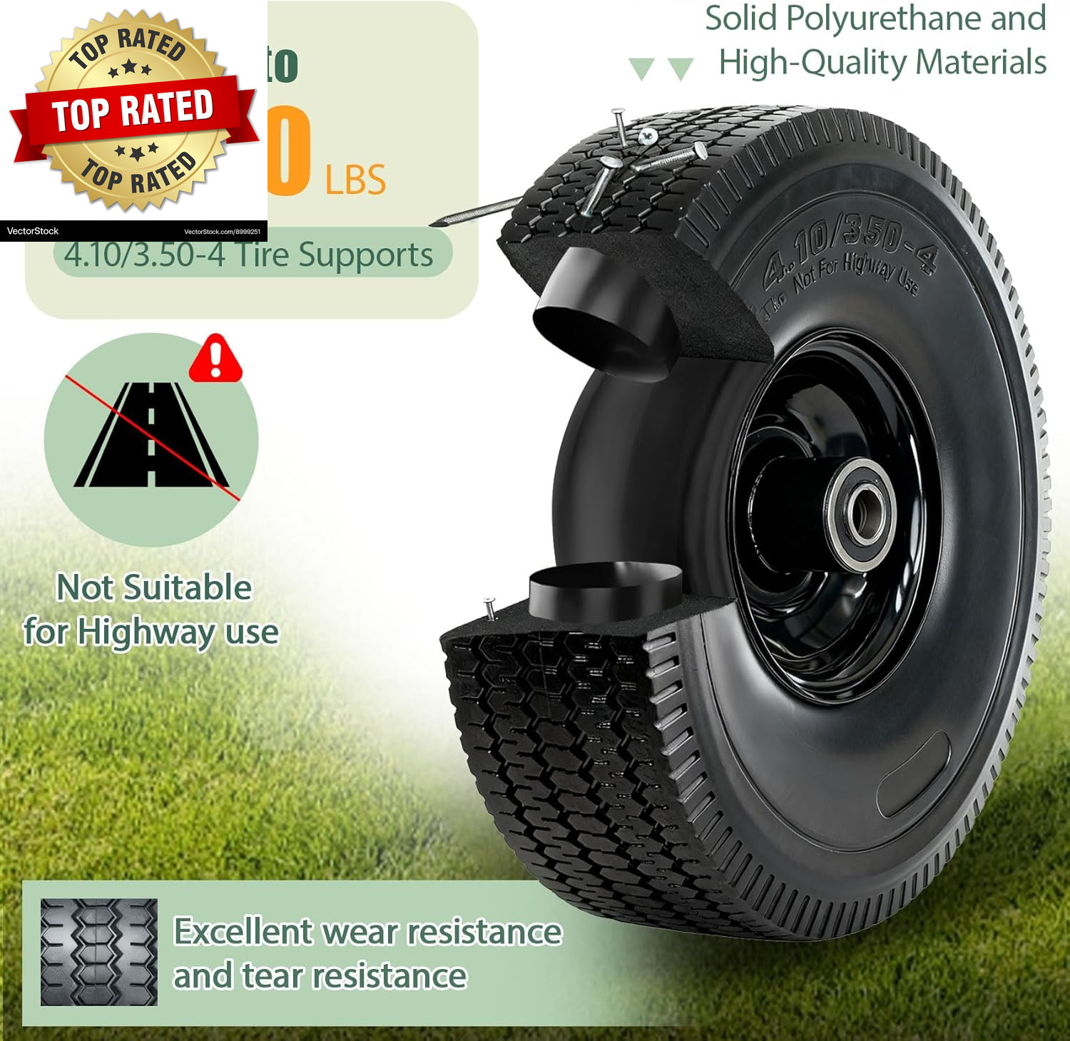 4.10/3.50-4 Tire and Wheel 10″ Solid Tires with 5/8” Bearing Extra 3/4”&1/2” Bea