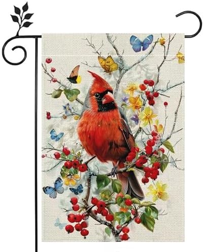 Spring Summer Cardinal Bird Butterfly Floral Garden Flag 12×18 Inch Double Sided