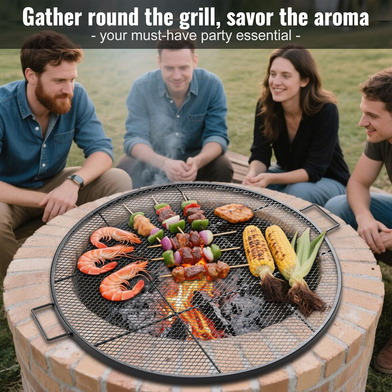 30″ Diameter 1pc Fire Pit Grill grate w/ Handle for outdoor Campfire BBQ Grill